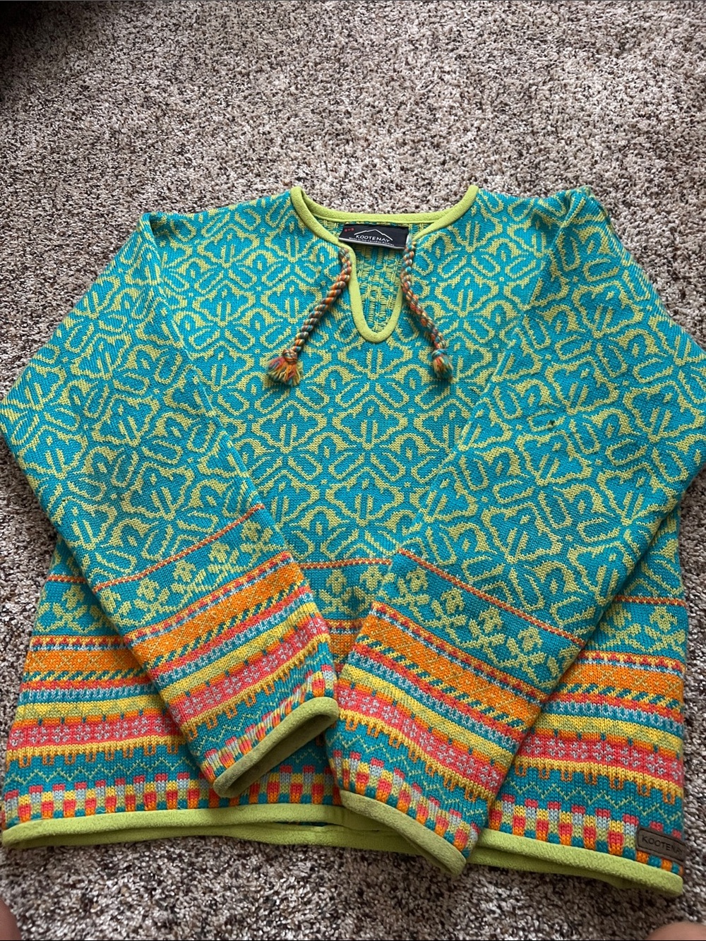 Bright Teal & Lime Patterned Scoop-Neck Sweater 100% wool